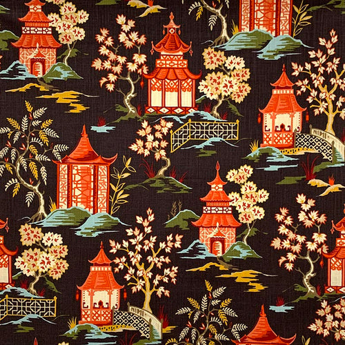 Charcoal Red Green Mustard Blue Chinoiserie Pagoda Upholstery Drapery Fabric MGF