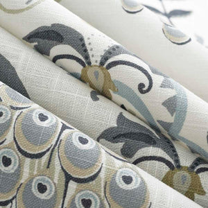 Linen Cotton Off White Green Yellow Seafoam Dark Blue Grey Floral Drapery Fabric FB
