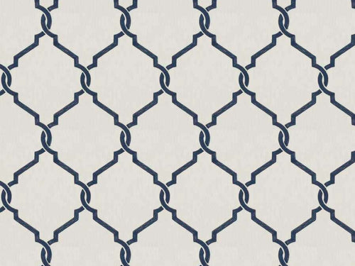 Off White Navy Blue Embroidered Trellis Geometric Drapery Fabric