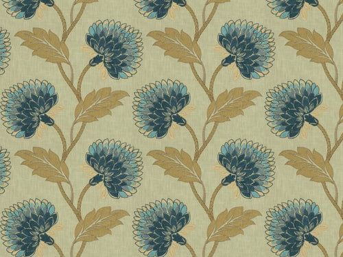 Cotton Ivory French Navy Blue Beige Taupe Embroidered Jacobean Floral Drapery Fabric