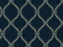 Load image into Gallery viewer, Navy Blue Silver Metallic Grey Taupe Embroidered Trellis Geometric Drapery Fabric