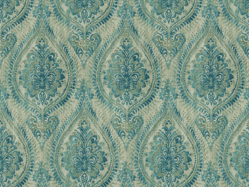 Cotton Ivory Teal Sage Green Medallion Upholstery Drapery Fabric
