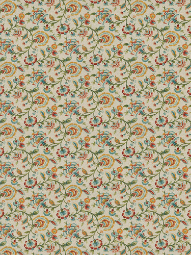 Linen Rayon Jacobean Floral Drapery Fabric Coral Blue
