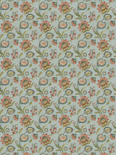 Cotton Floral Drapery Fabric Blue Navy Coral Green