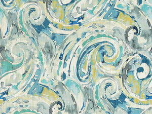 Water & Stain Resistant Cotton Ivory Navy Blue Teal Mustard Paisley Upholstery Drapery Fabric
