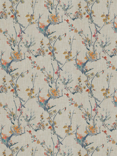 Floral Drapery Upholstery Fabric Mustard Gold Coral Gray