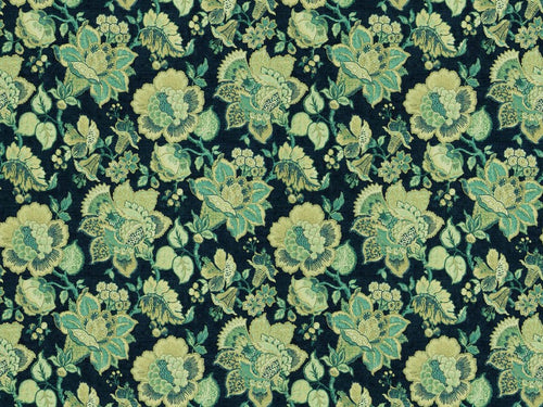 Cotton Navy Blue Aqua Seafoam Taupe Jacobean Floral Upholstery Drapery Fabric