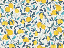 Load image into Gallery viewer, Linen Cotton Off White Blue Yellow Green Citrus Lemon Upholstery Drapery Fabric