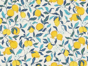 Linen Cotton Off White Blue Yellow Green Citrus Lemon Upholstery Drapery Fabric