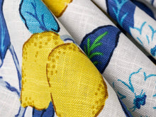 Load image into Gallery viewer, Linen Cotton Off White Blue Yellow Green Citrus Lemon Upholstery Drapery Fabric