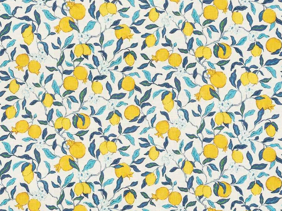 Linen Cotton Off White Blue Yellow Green Citrus Lemon Upholstery Drapery Fabric