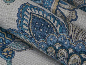Cream Navy Blue Teal Beige Floral Jacobean Drapery Fabric