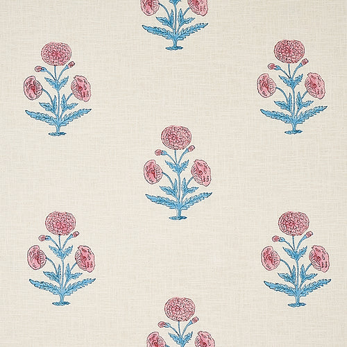Schumacher Poppy Hand Block Print Fabric 179840 / Rose & Sky