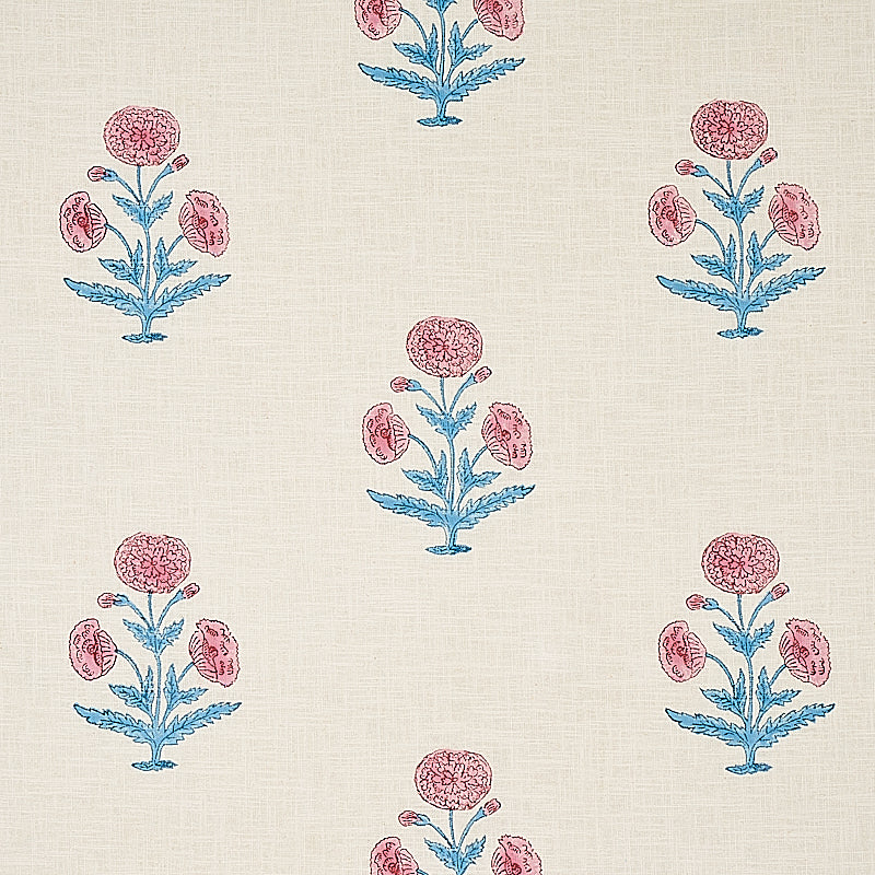 Schumacher Poppy Hand Block Print Fabric 179840 / Rose & Sky