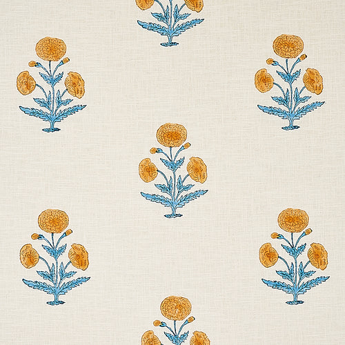 Schumacher Poppy Hand Block Print Fabric 179841 / Mustard & Sky