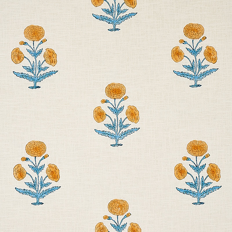 Schumacher Poppy Hand Block Print Fabric 179841 / Mustard & Sky