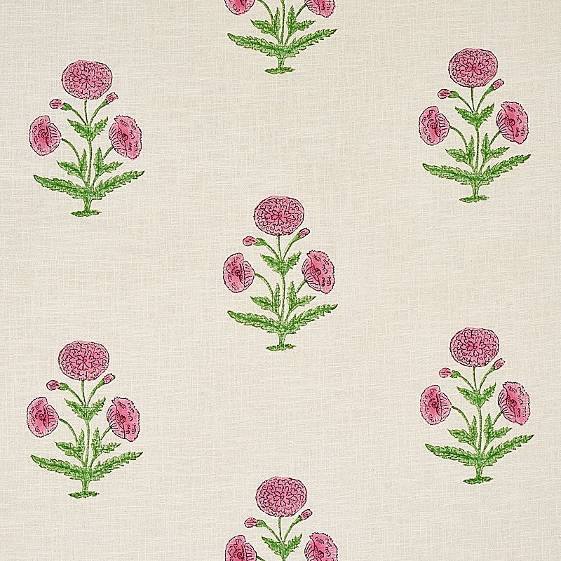 Schumacher Poppy Hand Block Print Fabric 179842 / Rose & Grass