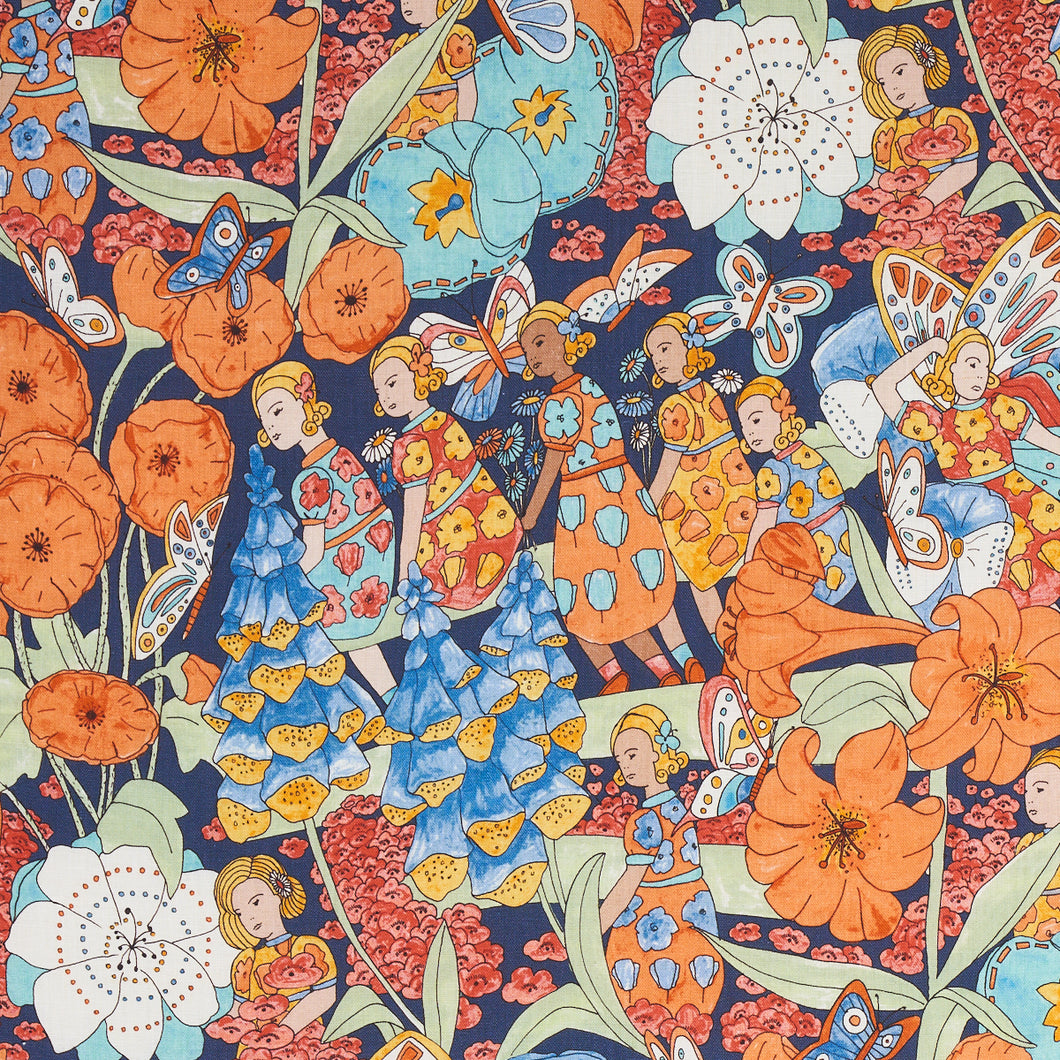 Schumacher Fairie Garden Fabric 180141 / Orange And Navy