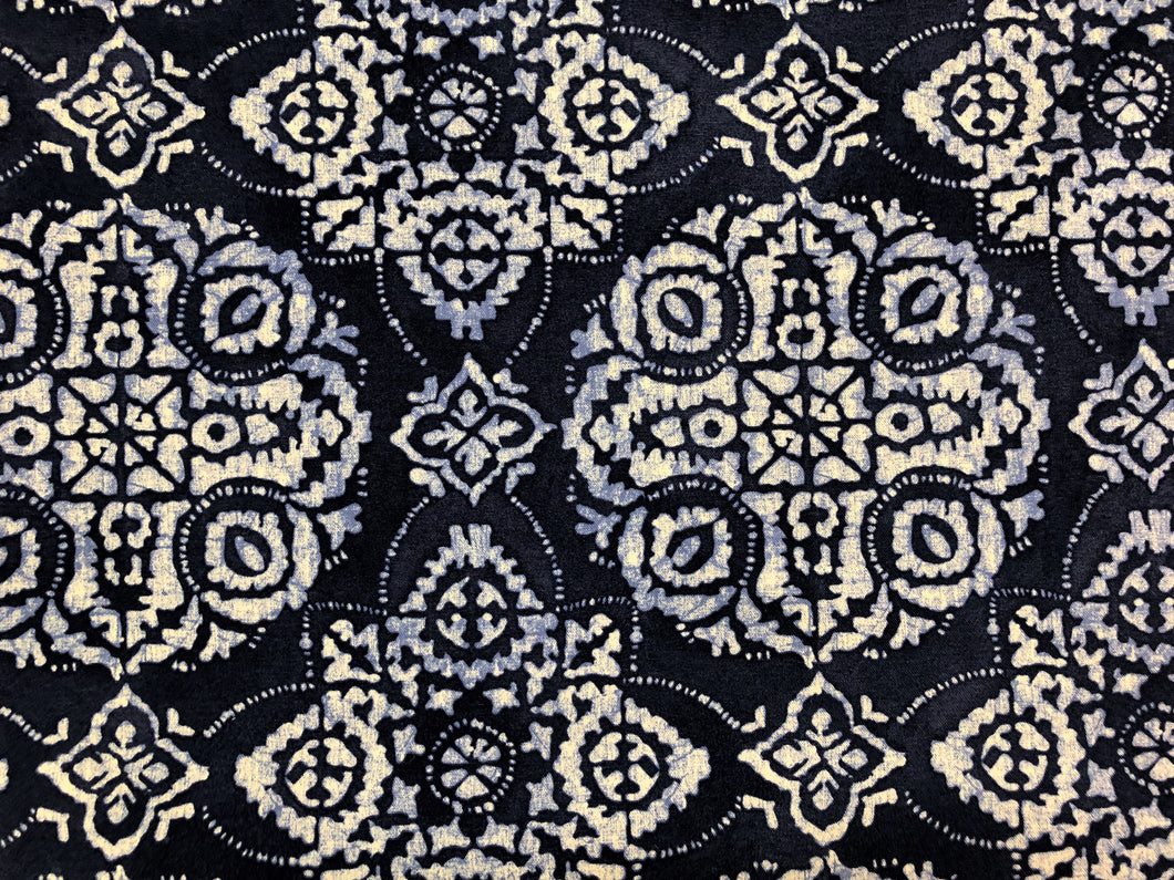 Braemore Textiles Navy Blue Off White Ikat Medallion Cotton Stain & Soil Resistant Upholstery Drapery Fabric