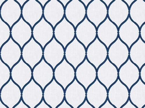 White Navy Blue Geometric Embroidered Drapery Fabric