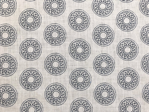 Alex Conroy Small Gujarat Indigo Navy Blue Ivory Medallion Printed Ethnic Tribal Linen Fabric