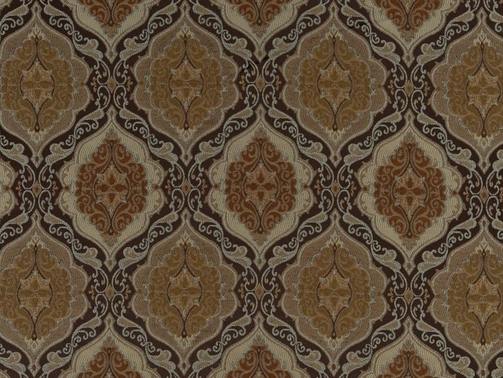 Heavy Duty Geometric Medallion Dark Umber Caramel Aqua Blue Beige Upholstery Drapery Fabric