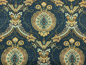 Mill Creek Princely Prussian French Blue Beige Taupe Aqua Yellow Animal Print Cheetah Medallion Cotton Upholstery Drapery Fabric