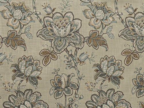 Seafoam Blue Brown Teal Floral Upholstery Drapery Fabric