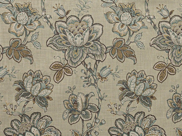 Seafoam Blue Brown Teal Floral Upholstery Drapery Fabric