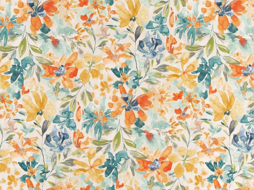 Heavy Duty Orange Navy Blue Cream Teal Floral Upholstery Drapery Fabric