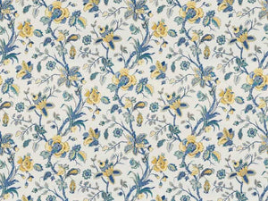 Ivory Yellow Gold Mustard Blue Teal Floral Drapery Fabric