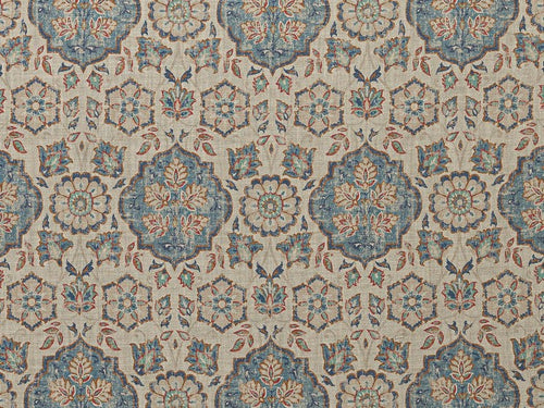 Grey Navy Blue Rusty Red Floral Moorish Medallion Upholstery Drapery Fabric