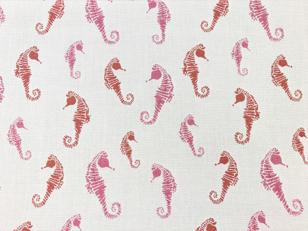 Water & Stain Resistant Indoor Outdoor White Magenta Pink Sea Horse Nautical Tropical Upholstery Drapery Fabric