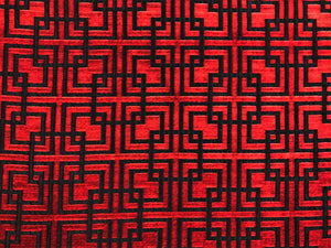 MAXWELL GRAND CENTRAL Volcano Black Red Geometric Fret Cut Velvet Upholstery Fabric
