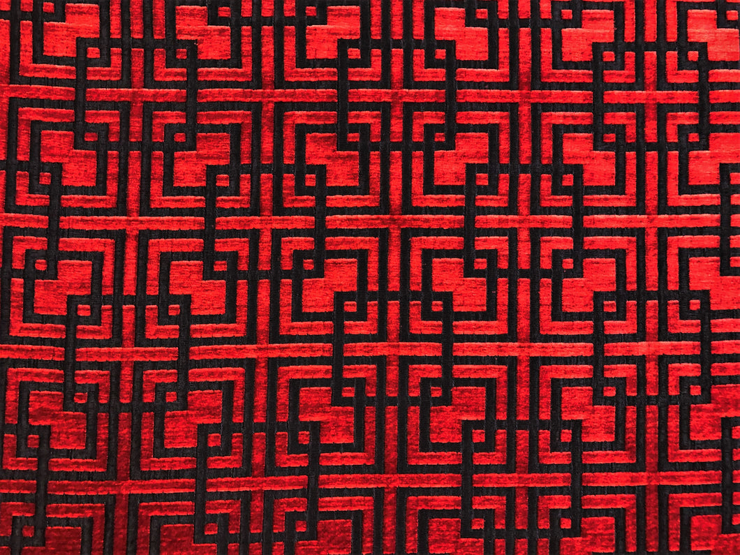 MAXWELL GRAND CENTRAL Volcano Black Red Geometric Fret Cut Velvet Upholstery Fabric