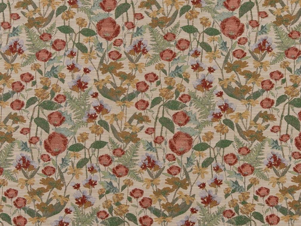 Heavy Duty Abstract Floral Tapestry Cranberry Red Emerald Green Mustard Beige Periwinkle Upholstery Fabric