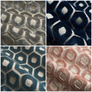 Grey Navy Steel Blue Rose Beige Geometric Art Deco Cut Velvet Upholstery Fabric