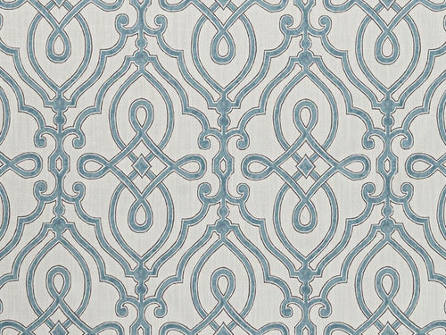 Ivory Teal Blue Grey Trellis Geometric Upholstery Drapery Fabric