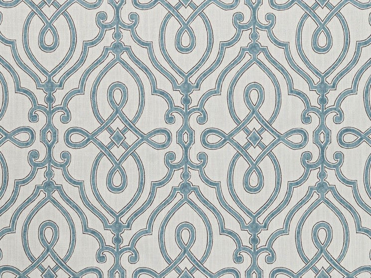 Ivory Teal Blue Grey Trellis Geometric Upholstery Drapery Fabric