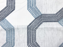 Load image into Gallery viewer, Viscose Linen Off White Navy Blue Denim Embroidered Geometric Drapery Fabric