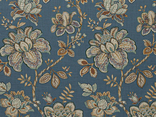 Steel Blue Brown Teal Floral Upholstery Drapery Fabric
