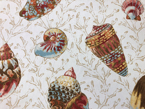 P Kaufmann Soil Stain Repellent Shells Tropical Ivory Brown Blue Red Orange Drapery Fabric