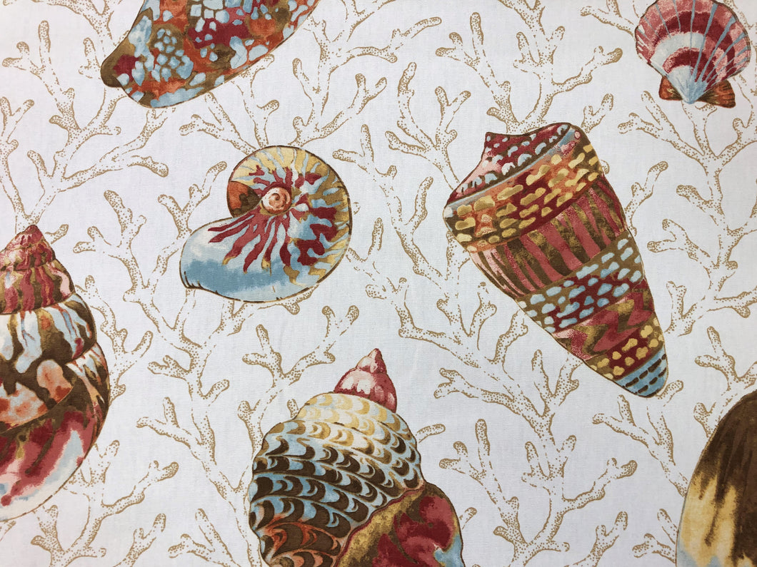 P Kaufmann Soil Stain Repellent Shells Tropical Ivory Brown Blue Red Orange Drapery Fabric