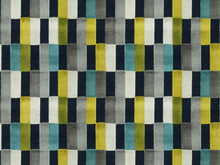 Load image into Gallery viewer, Teal Navy Blue Grey Green Lime Beige Geometric Check Velvet Upholstery Fabric