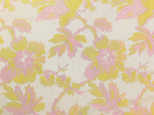 Cream Pastel Pink Yellow Botanical Floral Brocade Cotton Upholstery Drapery Fabric