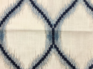 Beige Navy Blue Embroidered Geometric Trellis Drapery Fabric