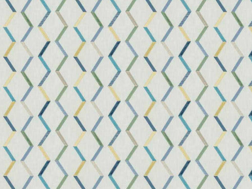 Cream Yellow Blue Green Taupe Embroidered Geometric Drapery Fabric