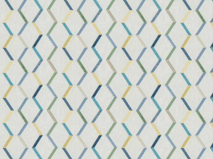 Cream Yellow Blue Green Taupe Embroidered Geometric Drapery Fabric