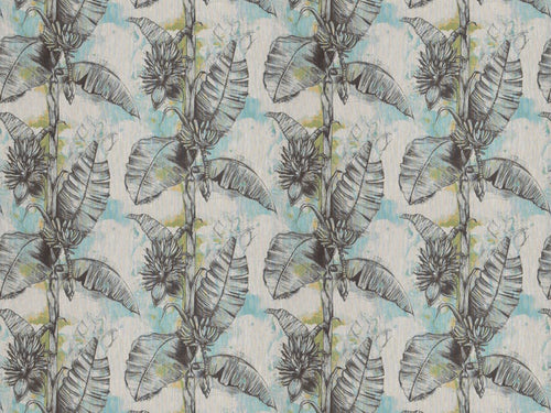 Austrian Grey Charcoal Black Aqua Blue Green Floral Linen Upholstery Drapery Fabric