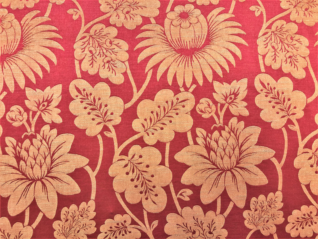 Lee Jofa Hanbury Weave Red Gold Beige Contemporary Floral Jacobean Botanical Damask Upholstery Drapery Fabric